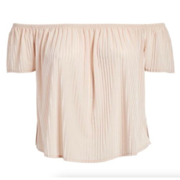 NWT Forever21+ Pink‎ Blush Peach Velvet Stripped Off the Shoulder Top Blouse - Picture 7 of 10